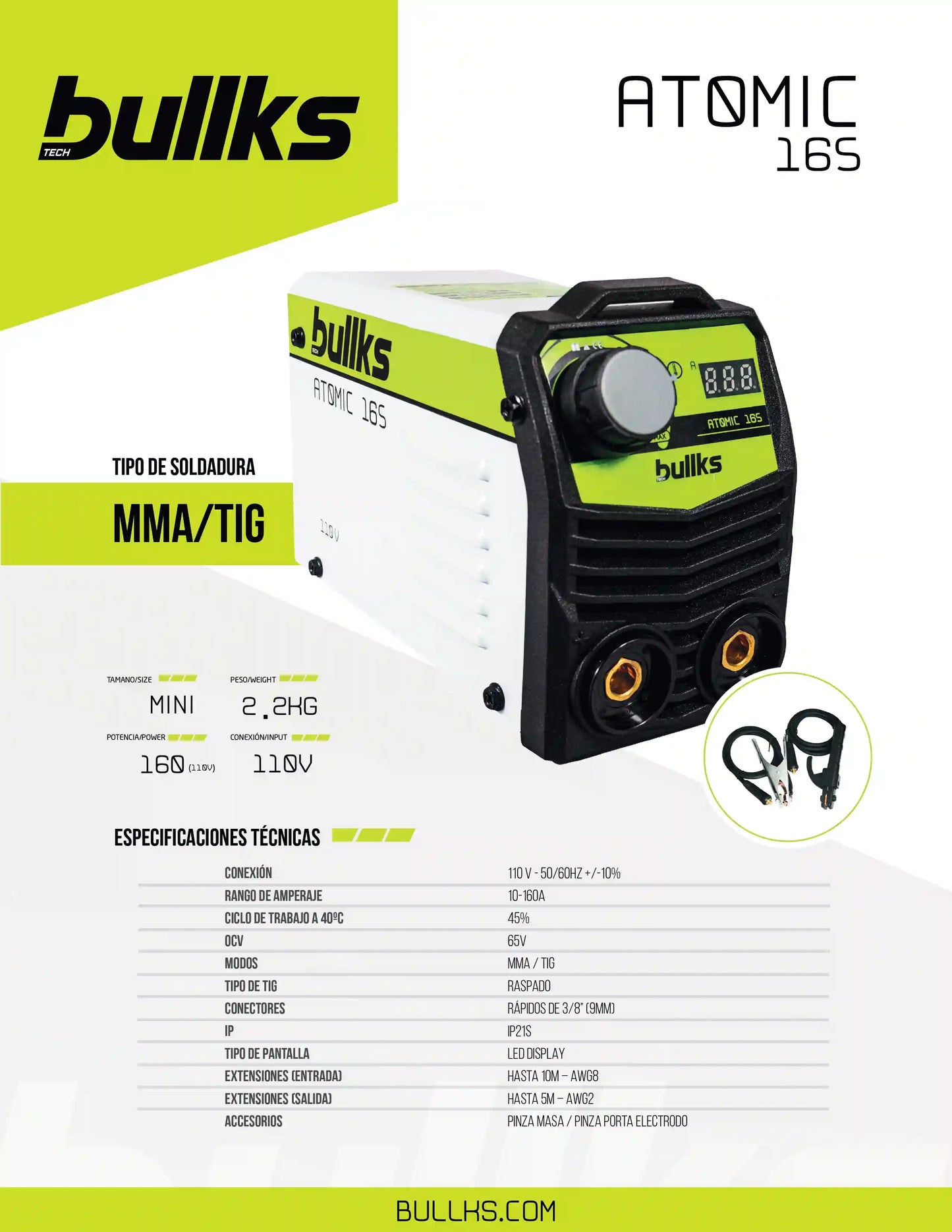 Equipo de Soldadura Inverter ATOMIC 165 MMA TIG 110V Bullks