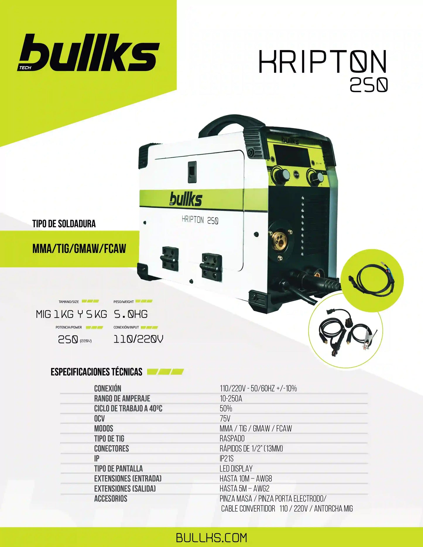 Equipo de Soldadura Multiproceso KRIPTON 250 MMA MIG TIG Bullks