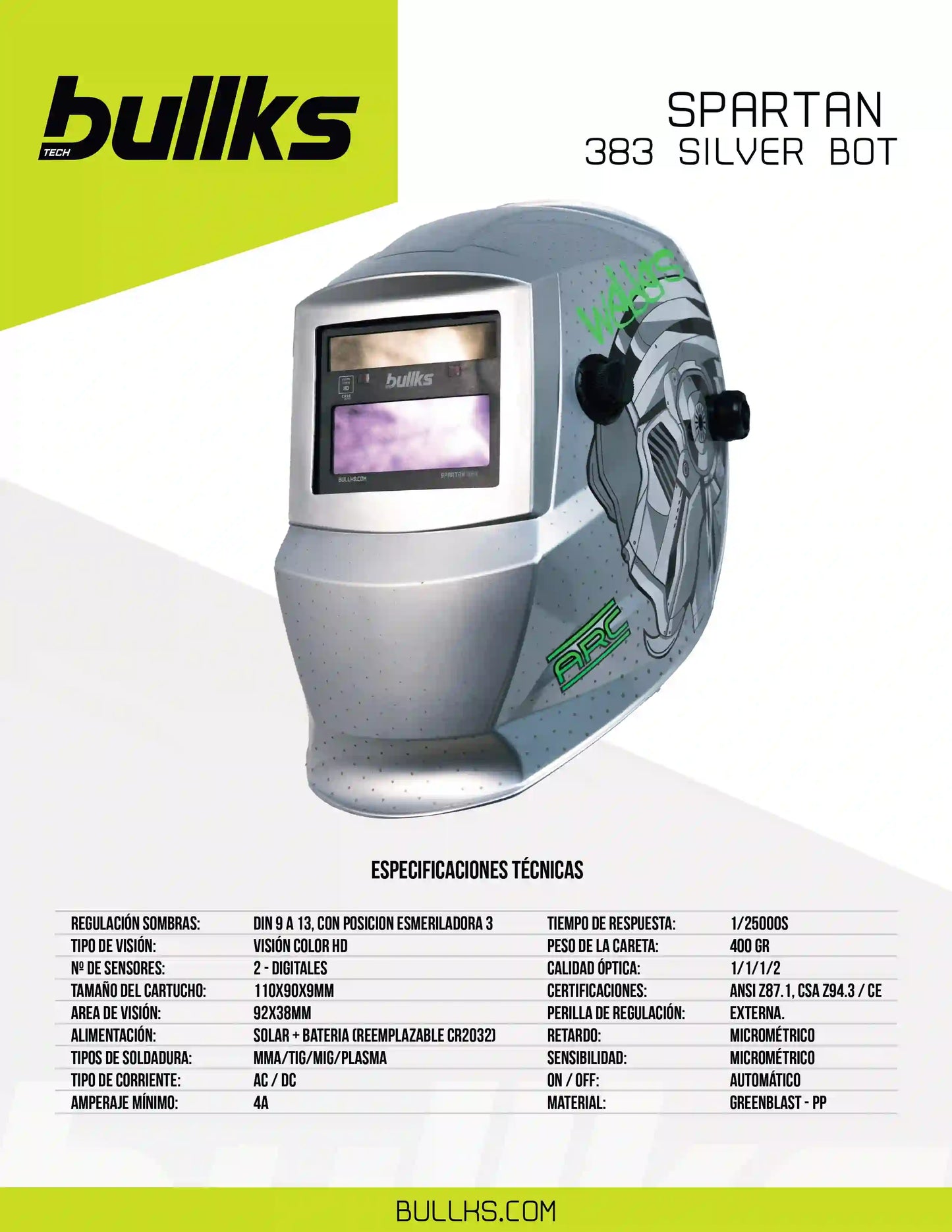 Careta de Soldar Automática SPARTAN 383 Silver Bot Visión Color HD DIN 9–13