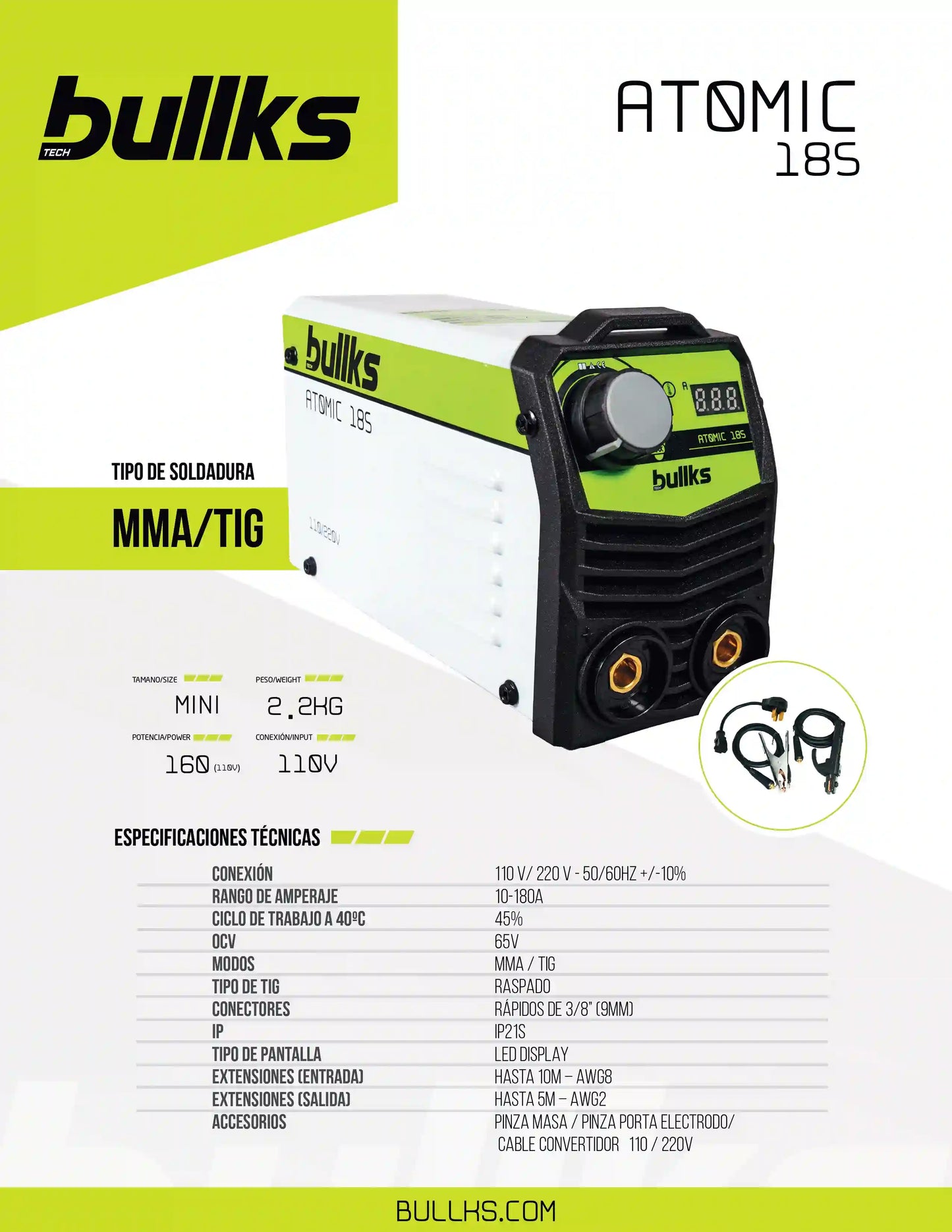 Equipo de Soldadura Inverter ATOMIC 185 MMA TIG 110V/220V Bullks