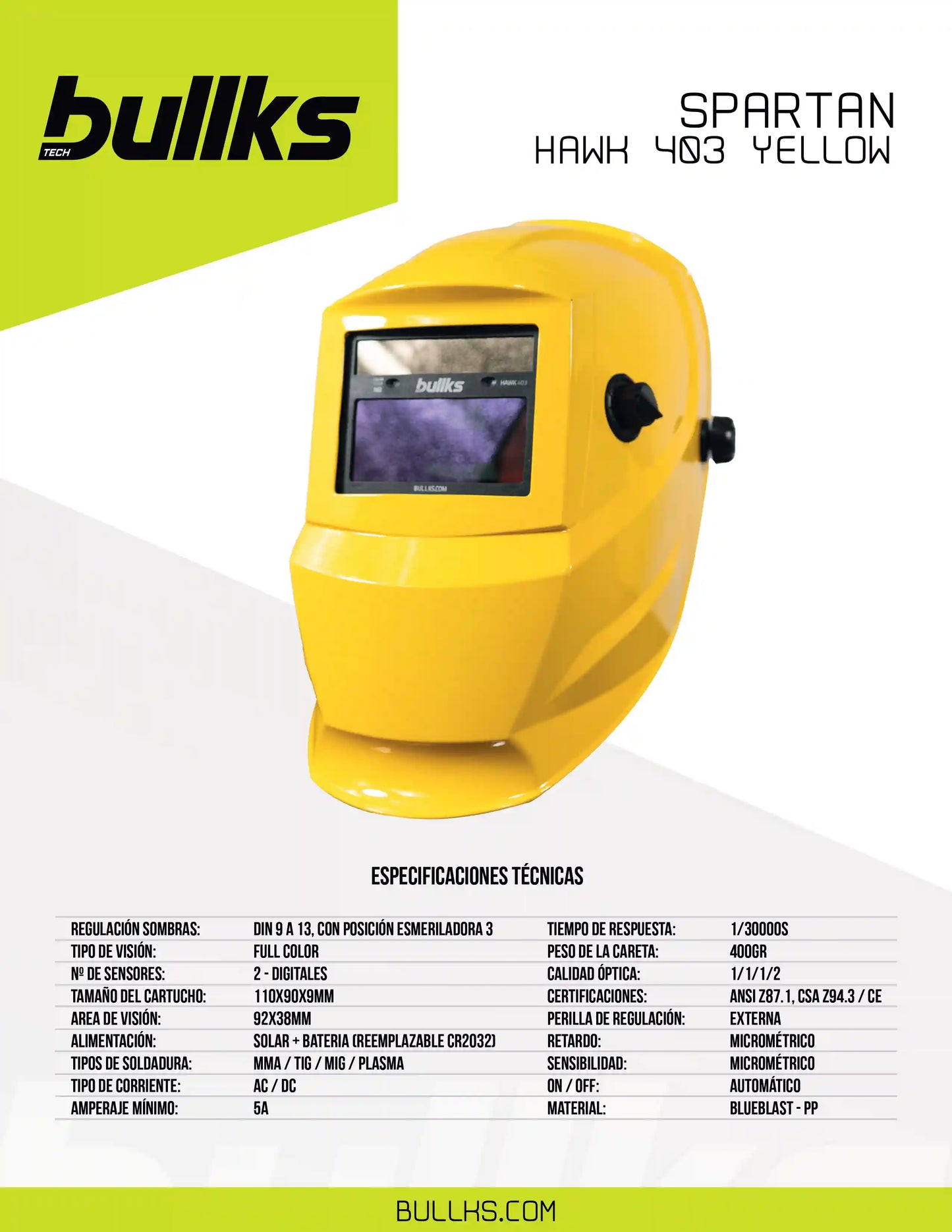 Careta de Soldar Automática SPARTAN Hawk 403 Yellow Visión Full Color DIN 9–13