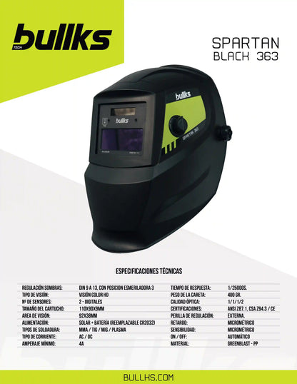 Careta de Soldar Automática SPARTAN Black 363 Visión Color HD DIN 9–13