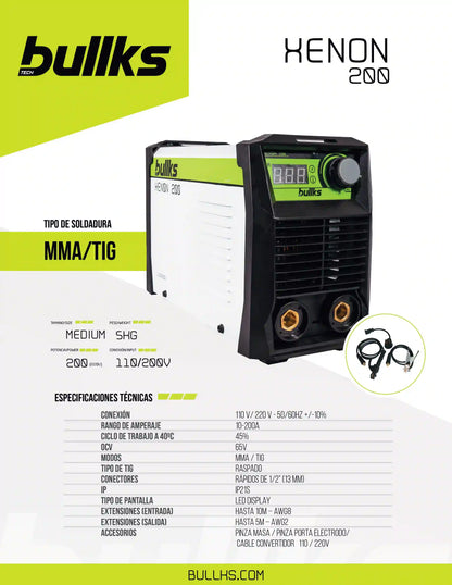 Equipo de Soldadura Inverter XENON 200 MMA TIG 220V Bullks