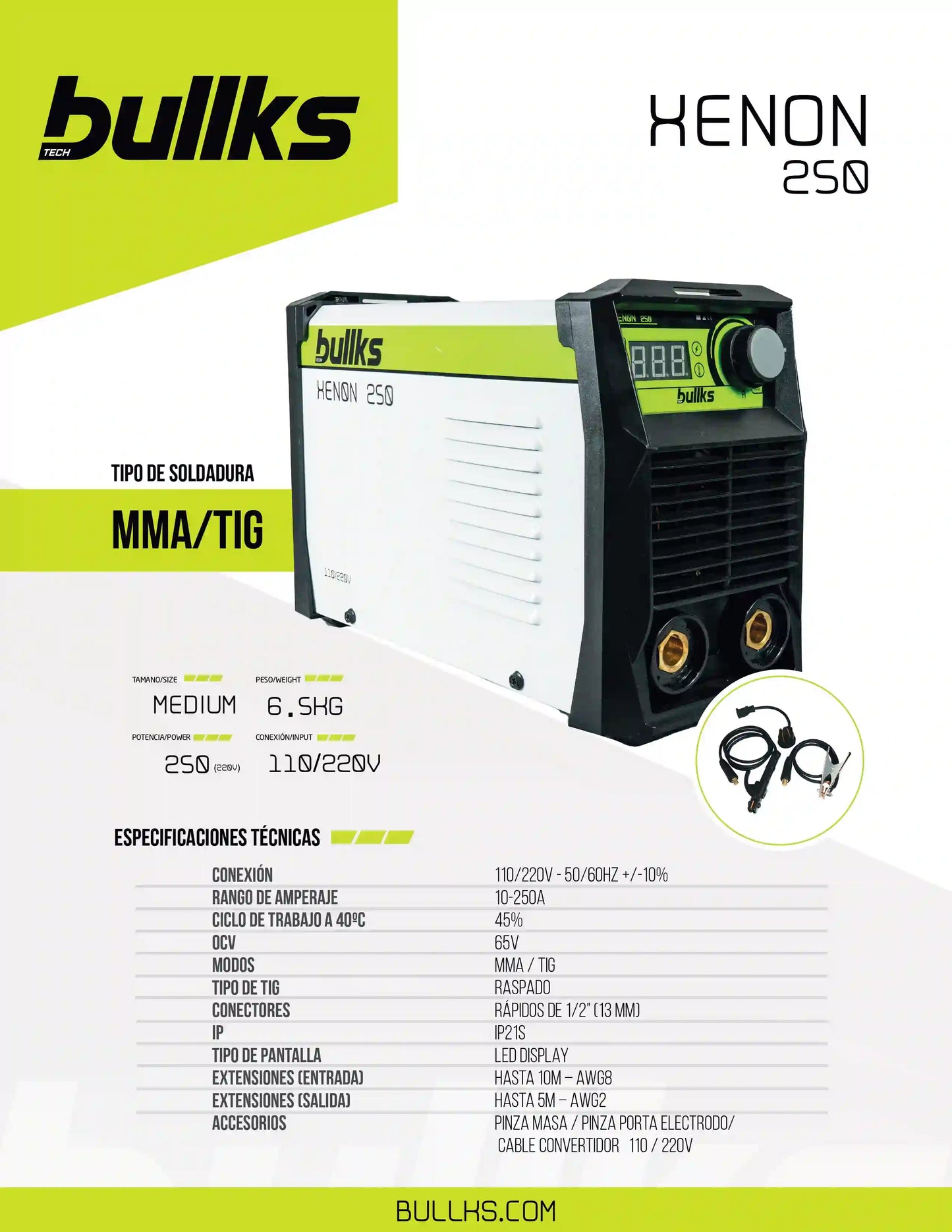 Equipo de Soldadura Inverter XENON 250 MMA TIG 220V Bullks